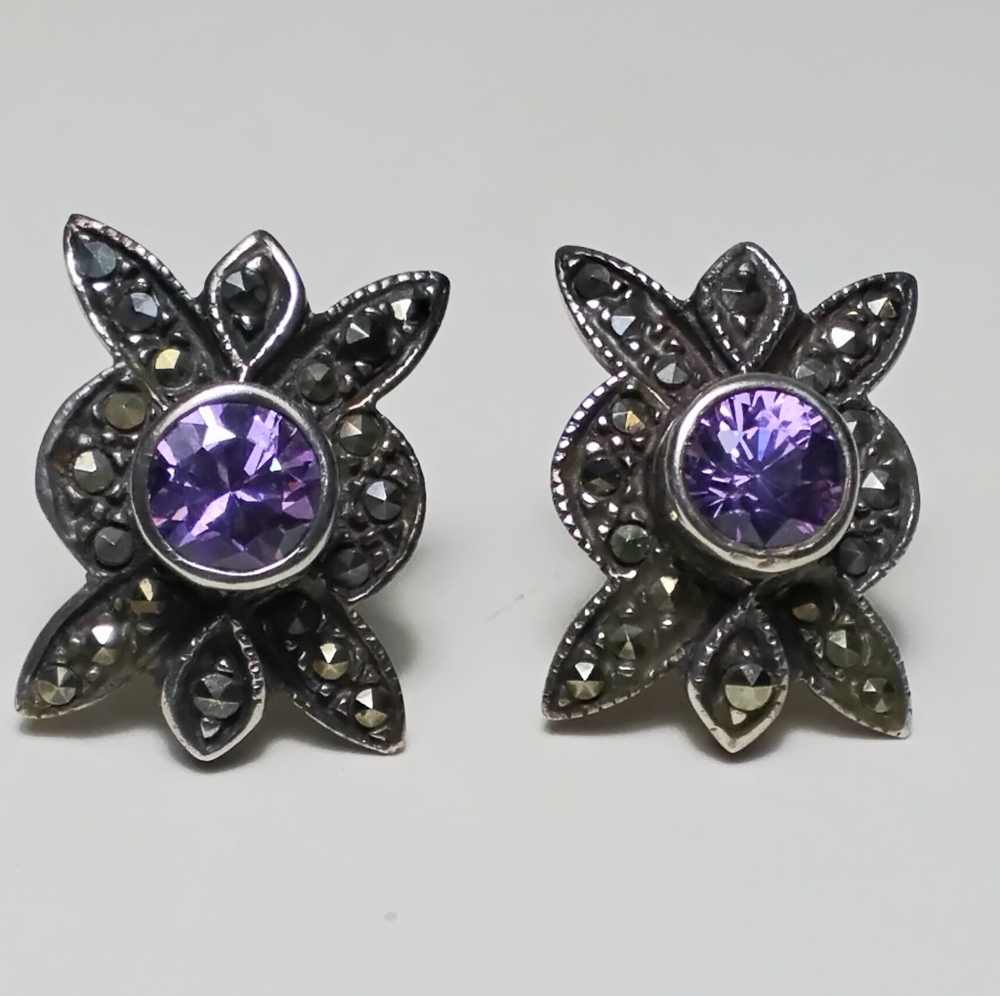 925 Silver Amethyst & Marcasite Earrings